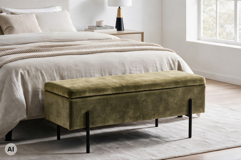 Truhenbank LOFT 100cm grün Samt Sitzbank mit Stauraum schwarz Metall