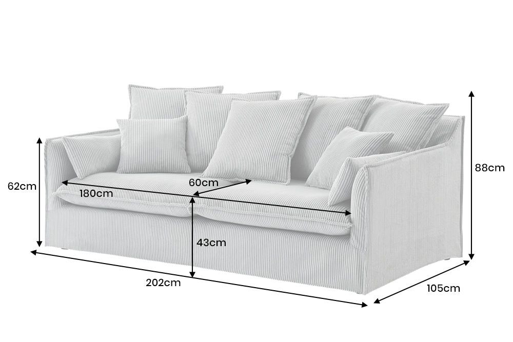 Großes 3-Sitzer Sofa HEAVEN 200cm hellgrau Cord Federkern Hussensofa abnehmbarer Bezug