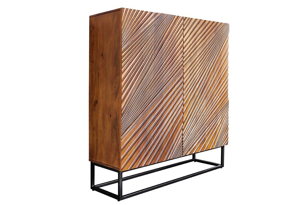 Massives Highboard ART 120cm braun Mangoholz 3D-Design schwarz Metall