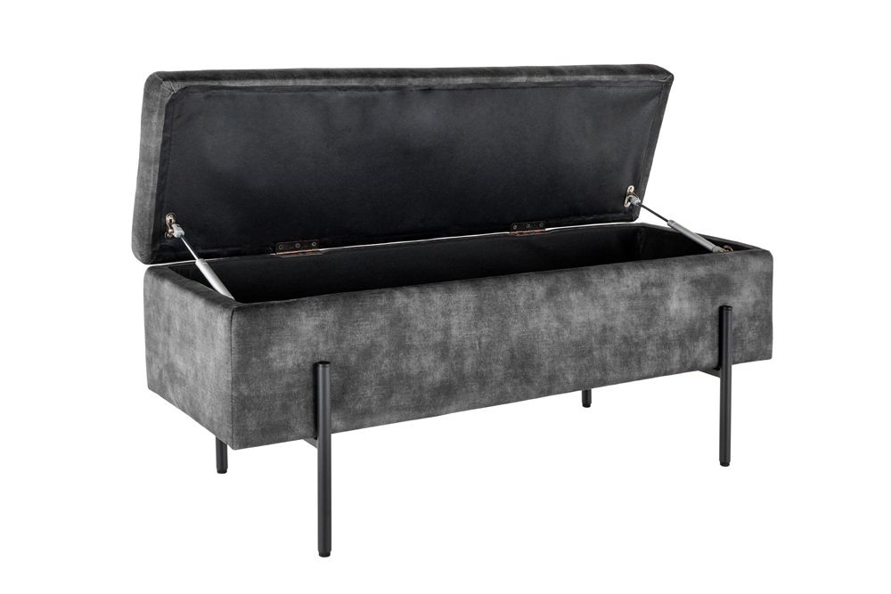 Moderne Truhenbank LOFT 100cm grau Samt Sitzbank mit Stauraum gespolstert schwarz Metall
