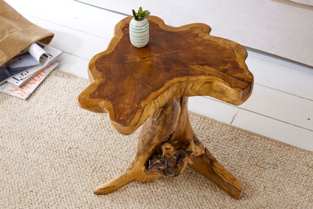 Massiver Beistelltisch ROOT 40cm Teakholz mit Jahresringen