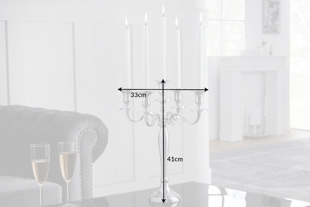 Kerzenständer MODERN BAROCK 40cm silber 5-armig Lüster Aluminium poliert Kerzenhalter