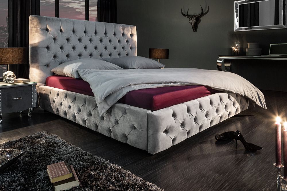 Design Doppelbett PARIS 180x200cm silber grau Samt Chesterfield