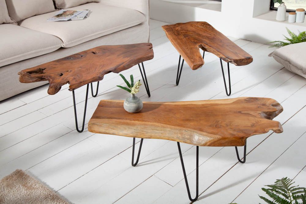 Massiver Couchtisch WILD 100cm Teak Massivholz Baumscheibe Hairpin Legs