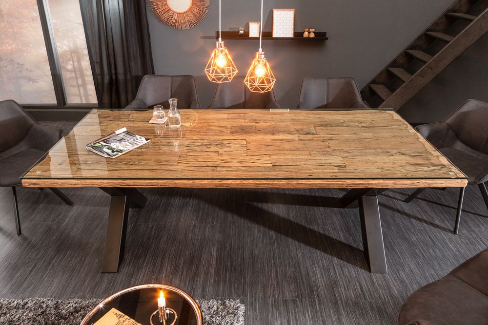 Massivholz Esstisch BARRACUDA 220cm natur Teak schwarz Metall X-Gestell inkl. Glasplatte