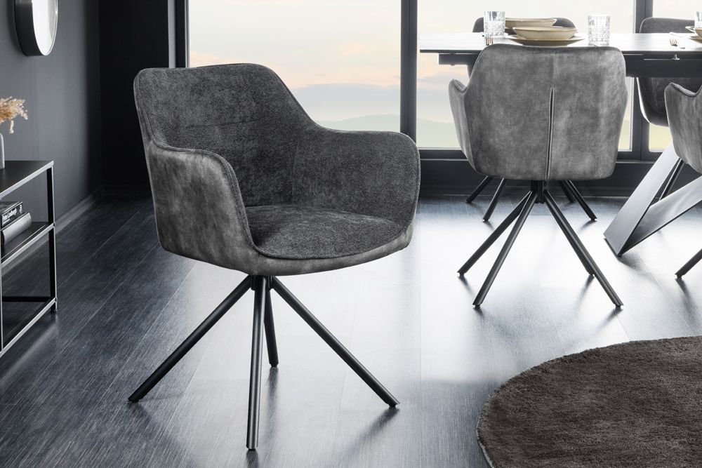 Drehbarer Stuhl VERONA dunkelgrau Samt Strukturstoff mit Armlehne Metallbeine schwarz
