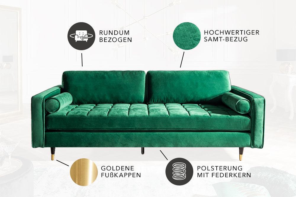 Design 3-Sitzer Sofa COZY VELVET 220cm smaragdgrün Samt Federkern Lounge