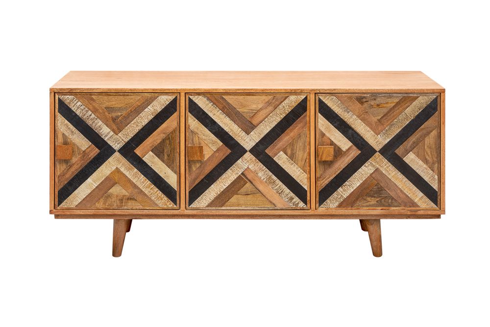 Elegantes Sideboard LONG ISLAND 160cm Mangoholz-Optik mit Retro Muster