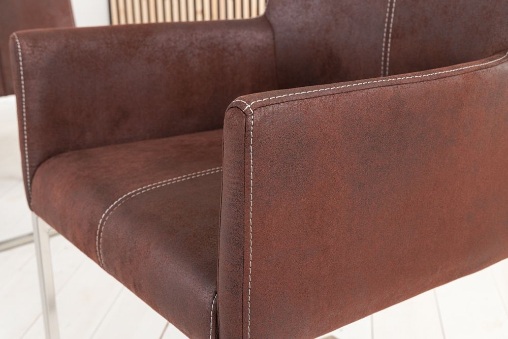 Freischwinger Stuhl SAMSON dark coffee mit Armlehne und Edelstahlrahmen