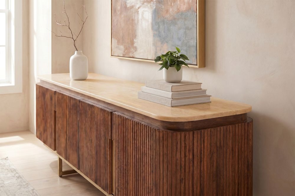 Design TV-Board GATSBY 160cm braun gold Mangoholz mit Travertin Metallgestell