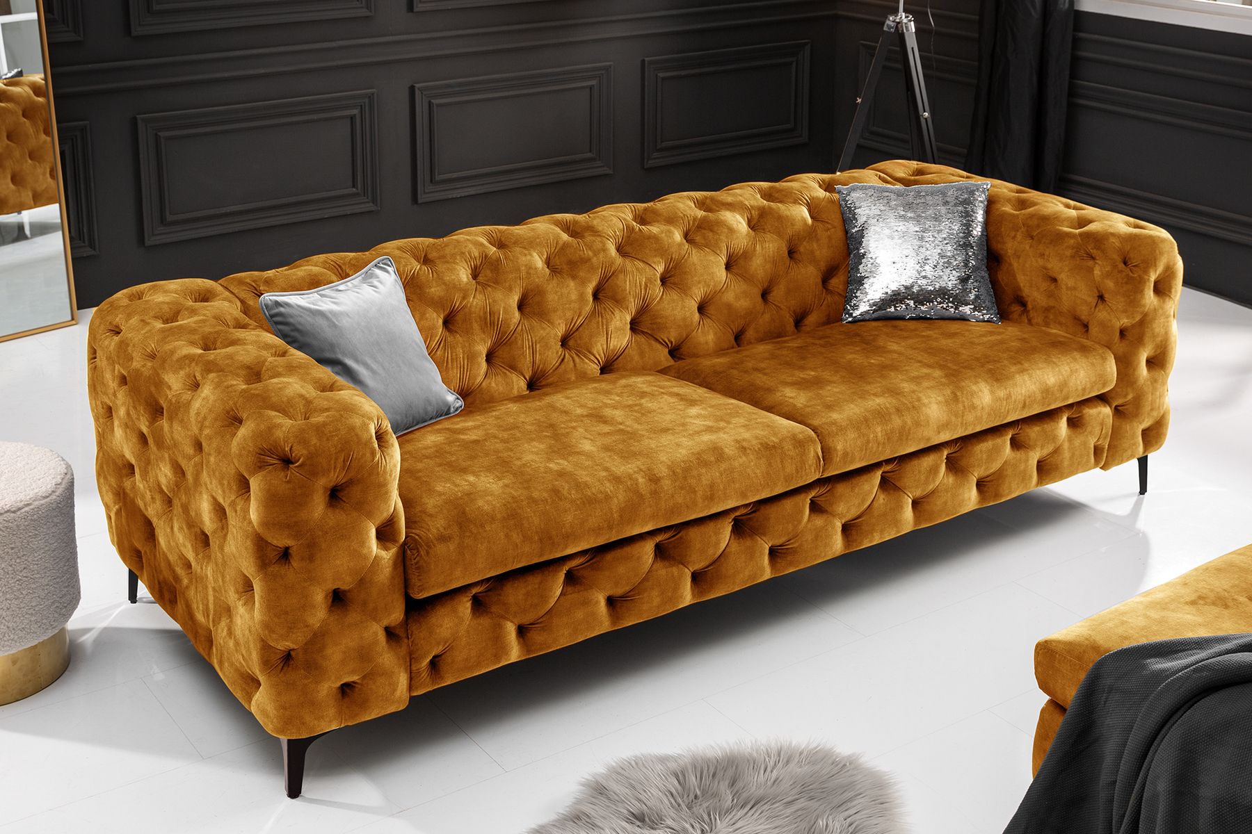 Chesterfield Sofa MODERN BAROCK 235cm senfgelb Samt 3-Sitzer Couch Federkern