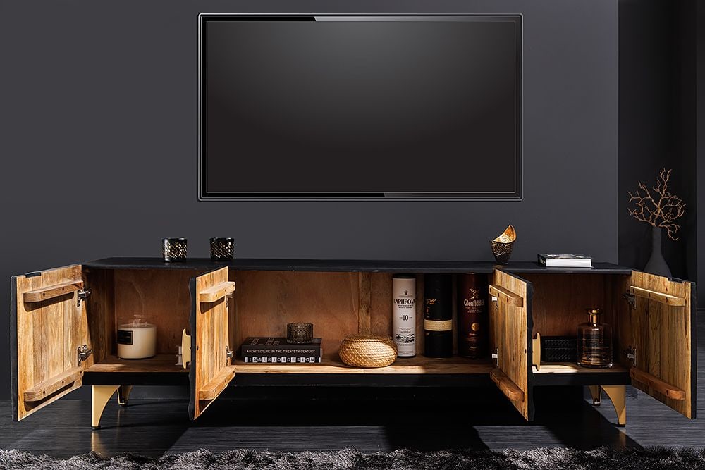 Handgearbeitetes TV-Lowboard GOLDEN SUNSET 180cm schwarz mit 3D Schnitzereien gold Mangoholz massiv Metallfüße
