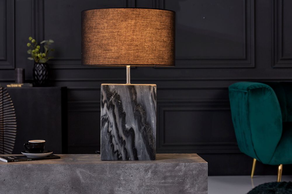 Design Tischlampe NOBLE 55cm schwarz Marmorfuß Stoffschirm