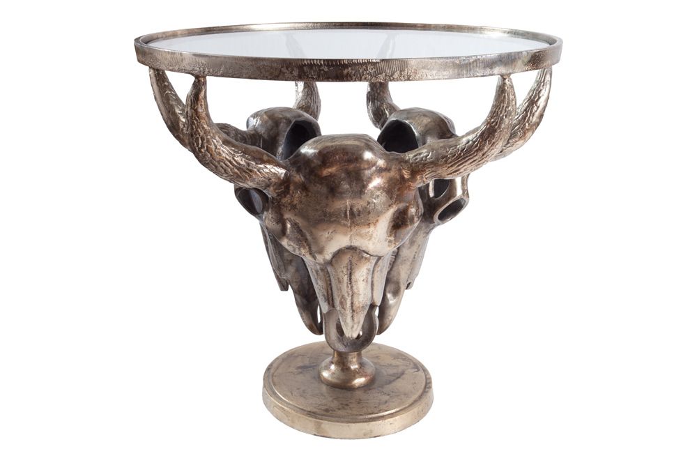 Extravaganter Couchtisch MATADOR 56cm bronze Stierkopf mit Glasplatte