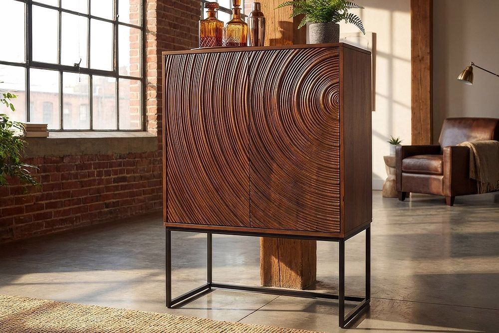 Design Highboard ORBIT 120cm braun Mangoholz mit 3D-Front schwarz Metall