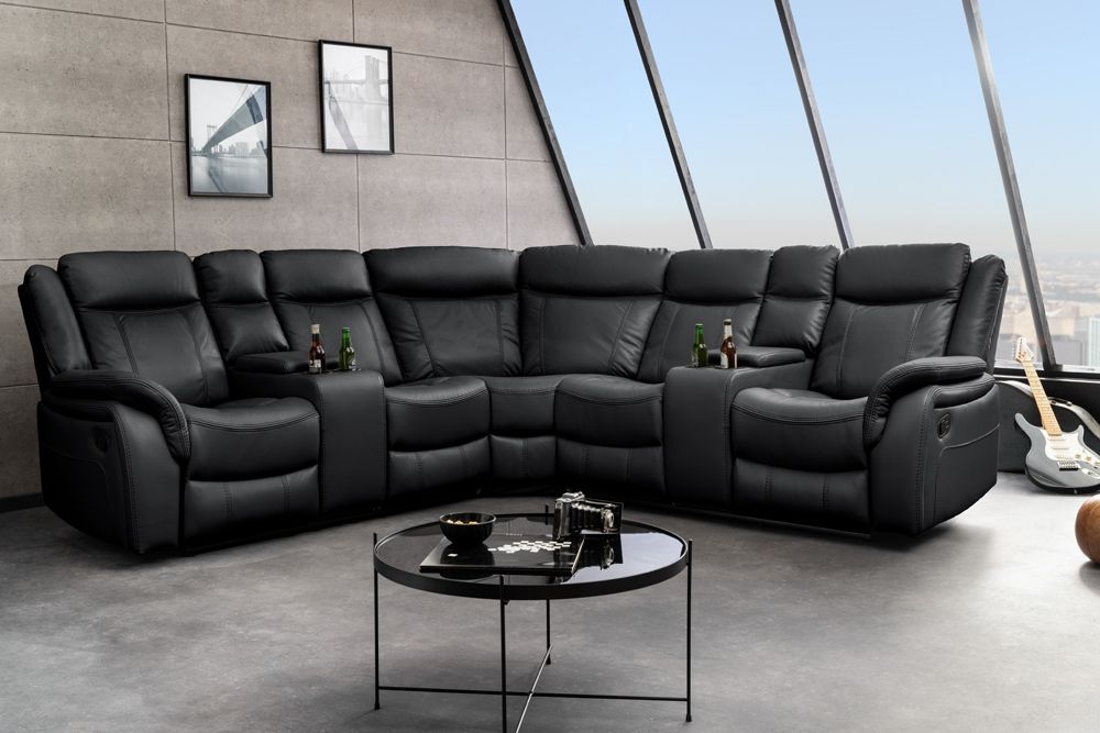 Exklusiver 5er Kinosessel HOLLYWOOD schwarz Ecksofa Getränkehalter Stauraum
