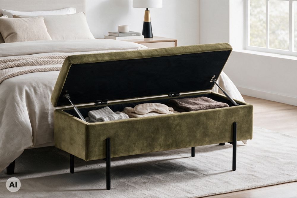 Truhenbank LOFT 100cm grün Samt Sitzbank mit Stauraum schwarz Metall