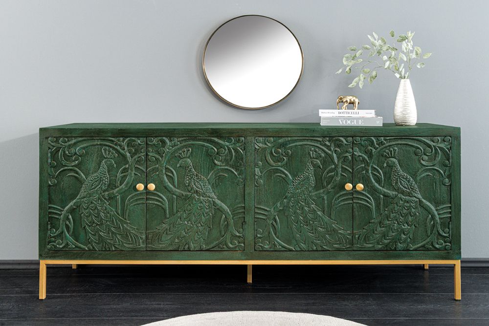 Massives Sideboard PEACOCK 175cm grün Mangoholz antik 3D Schnitzerei Pfau-Design