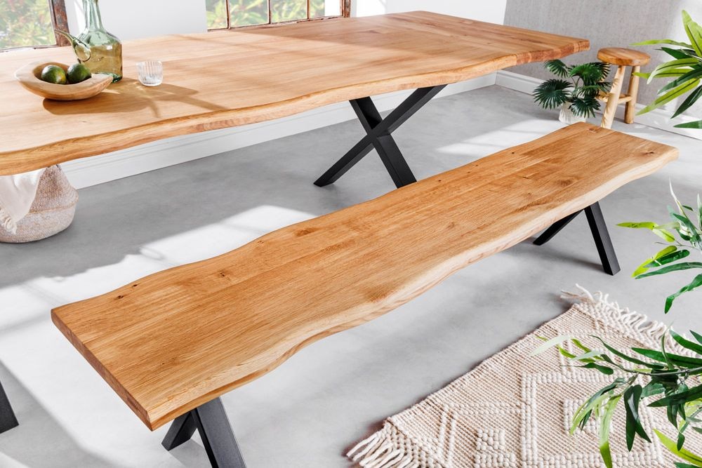 Massivholz Sitzbank WILD OAK 160cm Eiche Baumkante X-Gestell Industrial