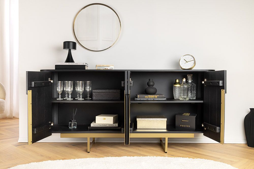 Massives Sideboard GATSBY 160cm schwarz gold Mangoholz Retro handmade
