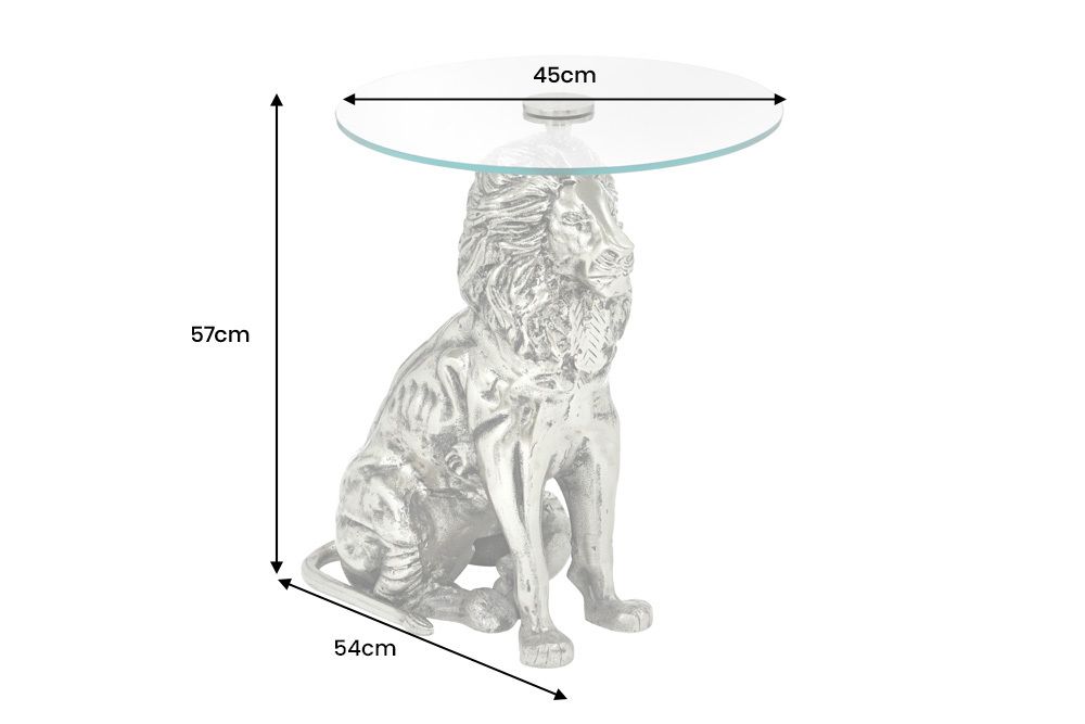 Runder Beistelltisch WILDLIFE LION 60cm silber antik Metall Glas Löwen Skulptur