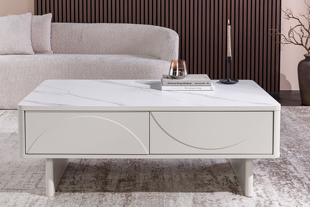 Design Couchtisch SAVOY 120cm kaschmir weiß Keramik Marmor mit Schubladen