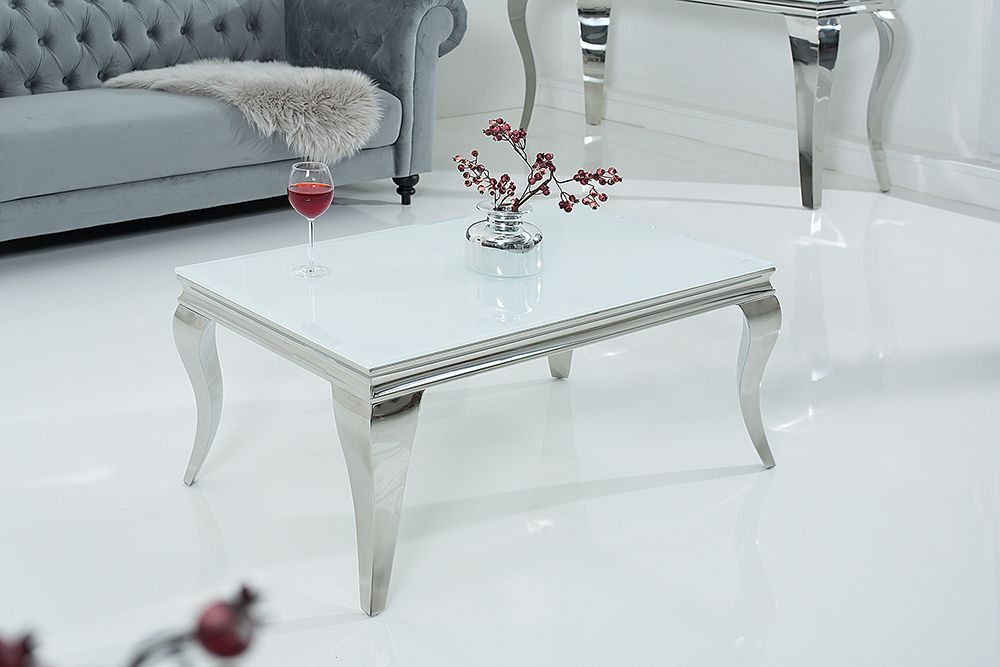 Eleganter Couchtisch MODERN BAROCK 100cm silber mit weißem Opalglas