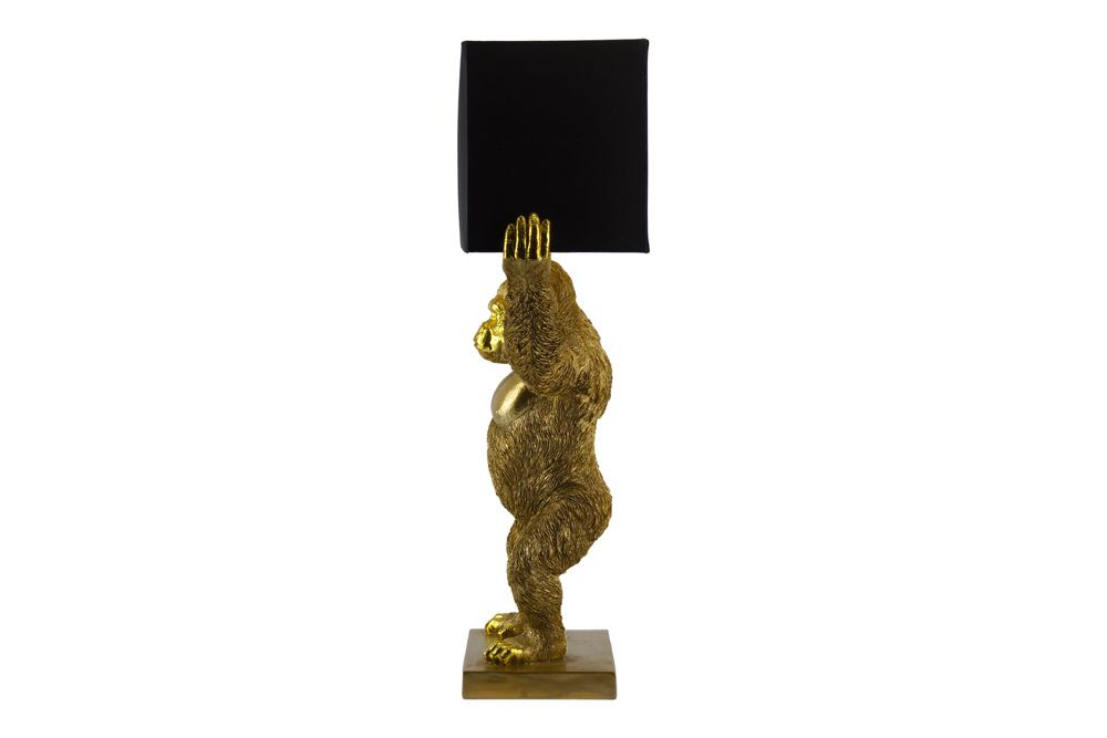 Handgefertigte Tischlampe KING APE 70cm schwarz gold Stoffschirm Affen-Skulptur