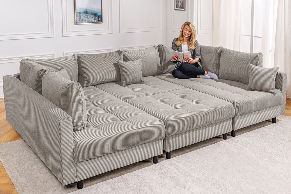 Moderne XXL Wohnlandschaft KENT 305cm greige Cord Bigsofa inkl. Hocker Federkern