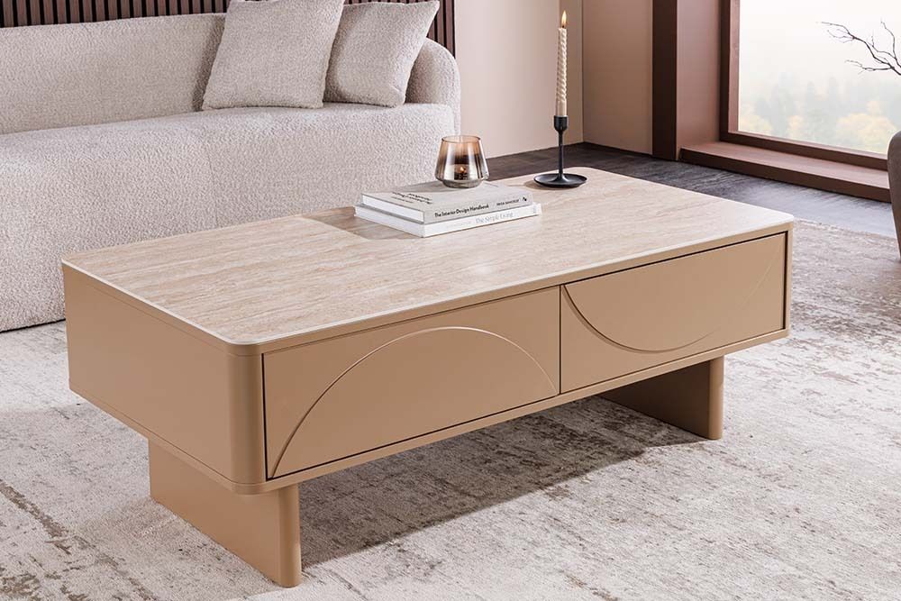 Design Couchtisch SAVOY 120cm grau beige greige Keramik Travertin mit Schublade