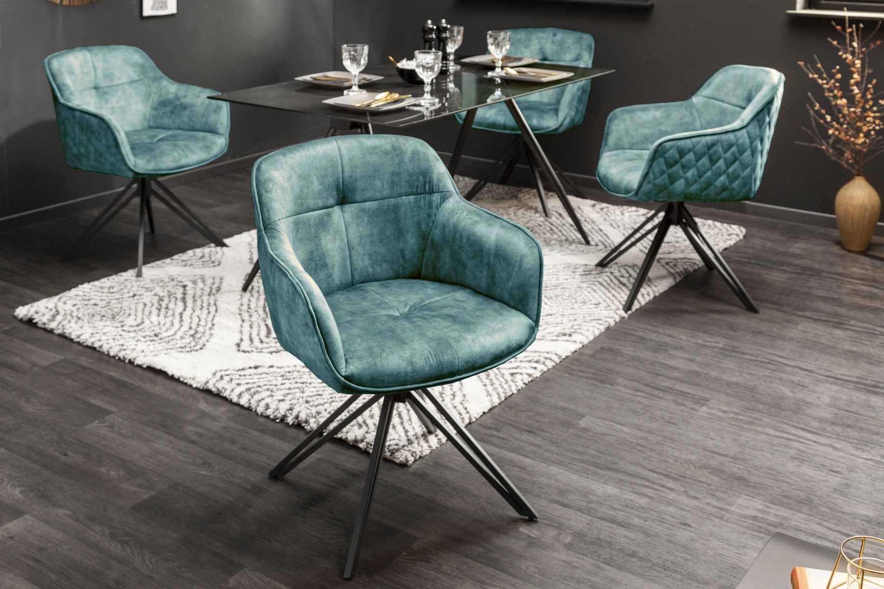 Drehbarer Design Stuhl EUPHORIA petrol Samt mit Armlehne Metallgestell schwarz