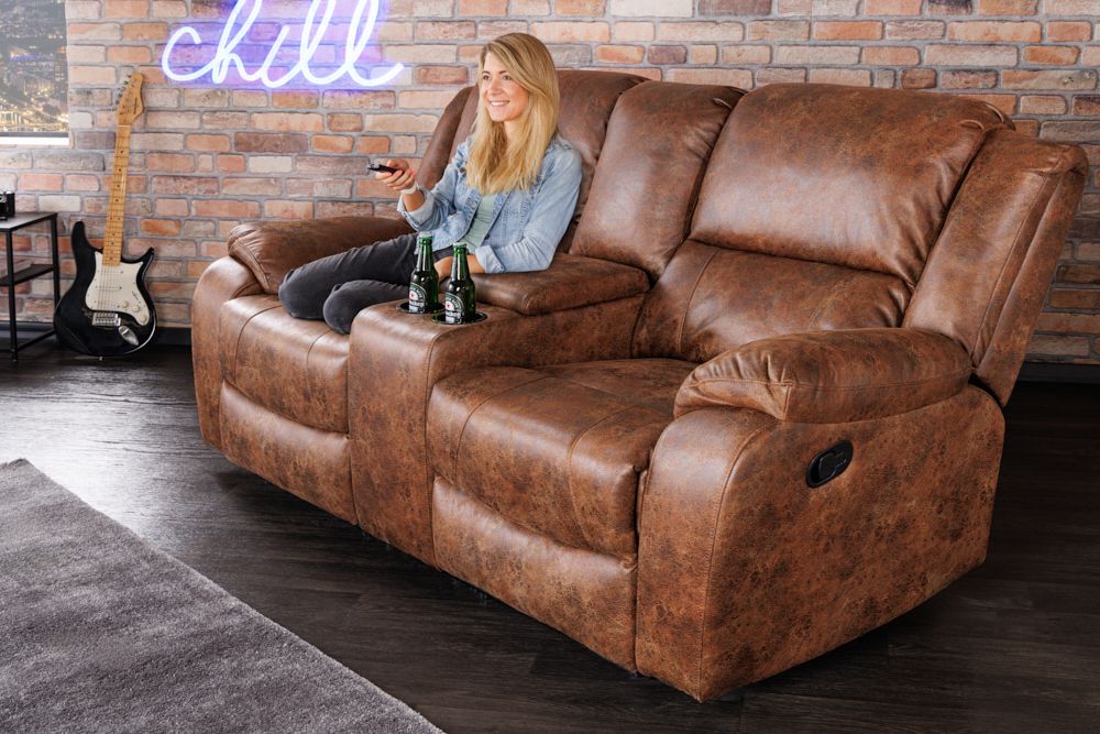 Exklusiver 2er Kinosessel HOLLYWOOD antik braun mit Liegefunktion und Getränkehalter
