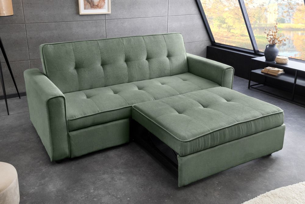 Ausziehbares Schlafsofa SMART 180cm grün Cord 2-Sitzer Couch mit Nosagfederung