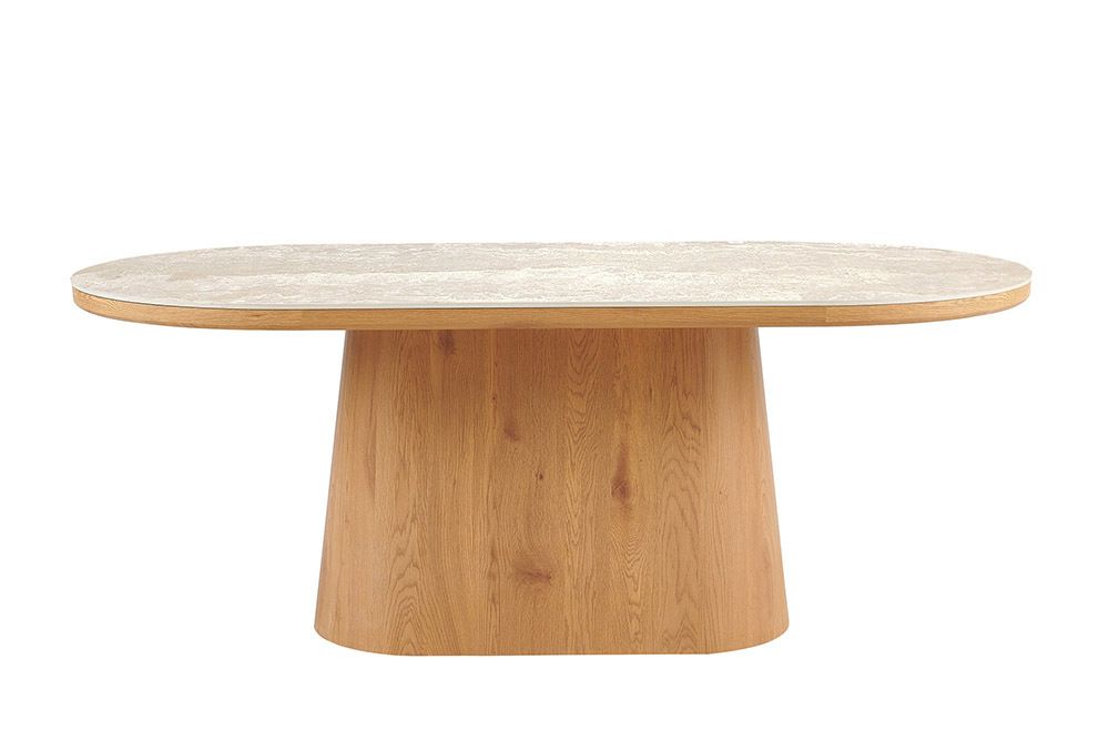 Ovaler Esstisch UNIQUE 200cm beige natur Travertin Eiche mit Säulenfuß