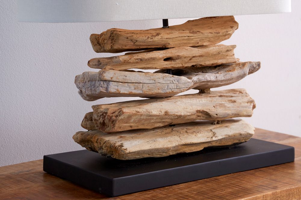 Handgearbeitete Treibholz Lampe RIVERINE 55cm creme Leinenschirm Tischleuchte