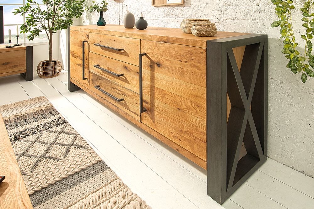 Massivholz Sideboard THOR 200cm mit Schubladen natur Wildeiche geölt Metall schwarz