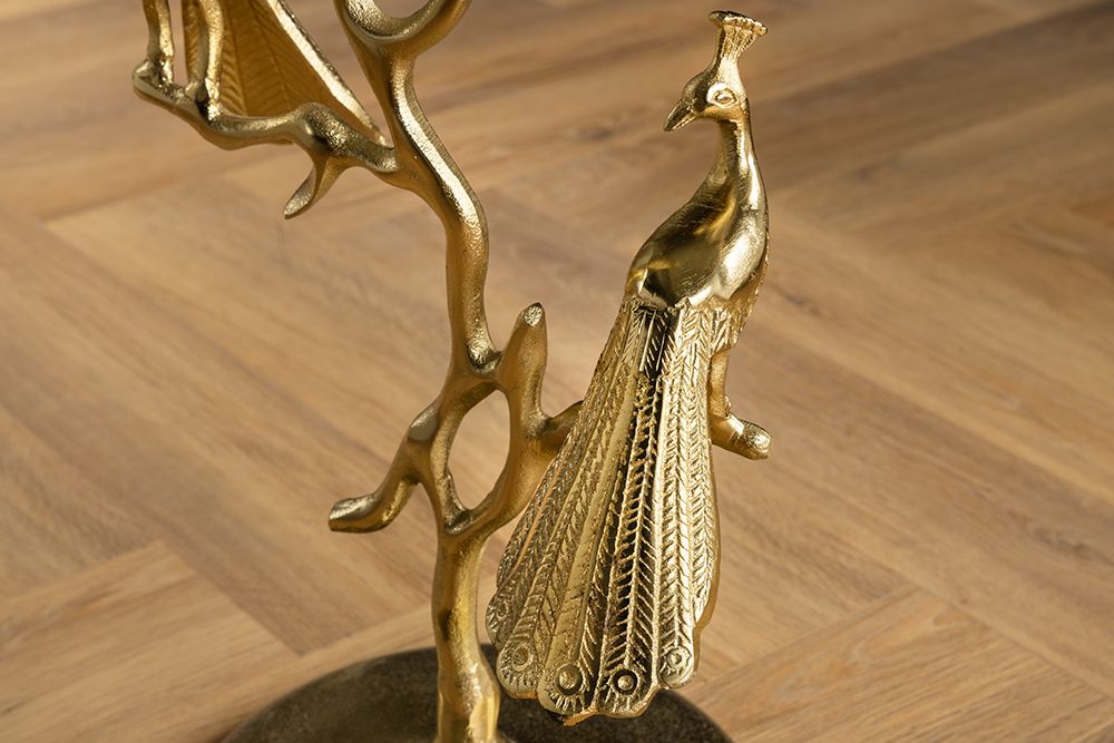 Runder Beistelltisch WILDLIFE PEACOCK 60cm gold Glasplatte Metall Pfauen-Skulptur