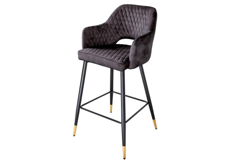 Design Barhocker PARIS grau Samt mit Lehne Metall schwarz gold Ziersteppung
