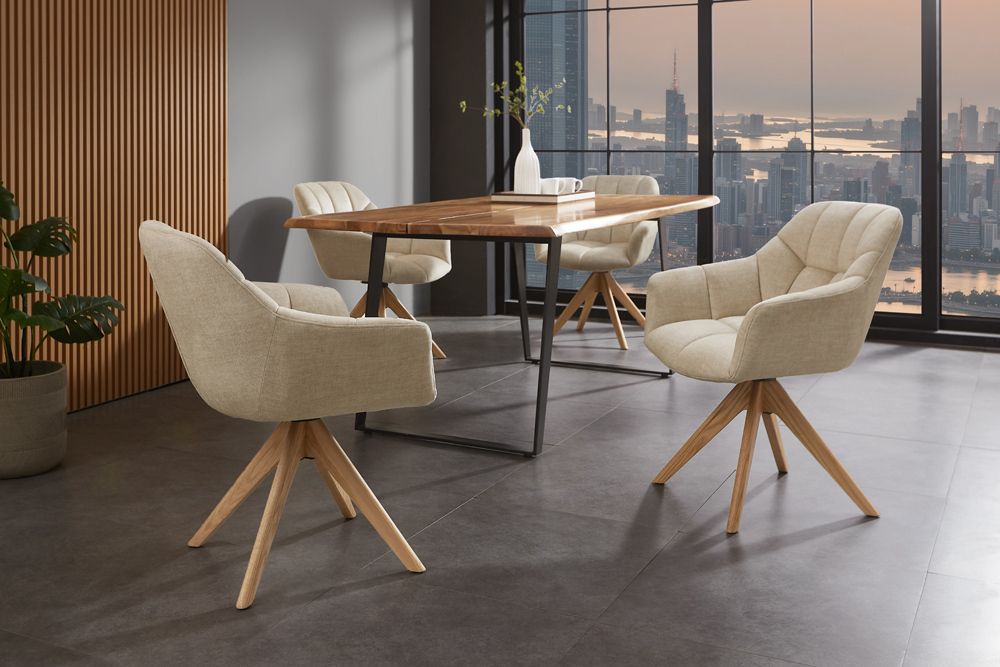 Drehbarer Design Stuhl PAPILLON beige Samt Eiche Massivholz mit Armlehnen