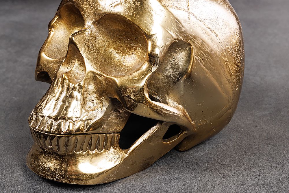 Design Couchtisch SKULL XXL 90cm gold rund Glasplatte Metall Totenkopf handmade