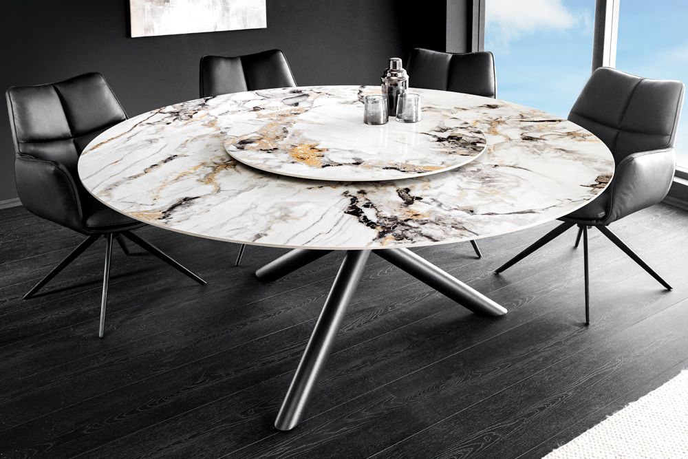 Runder Esstisch SPIN 150cm weiß grau gold 360° drehbare Servierplatte Aurora Oro Keramik