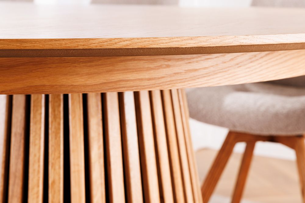 Ausziehbarer Esstisch VALHALLA WOOD 120-160-200cm natur Eichenholz oval Säulenfuß