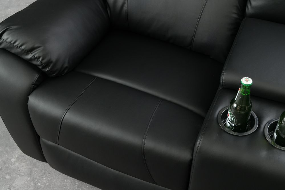 Exklusiver 2er Kinosessel HOLLYWOOD 190cm schwarz mit Liegefunktion und Getränkehalter