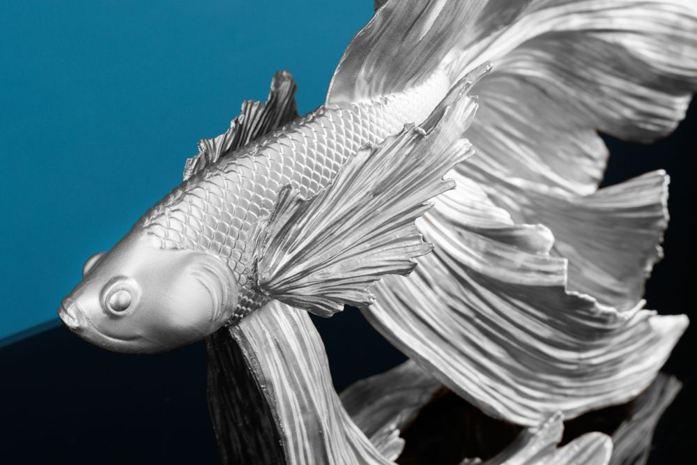 Design Deko Figur Kampffisch CROWNTAIL 35cm silber Betta Fisch Skulptur