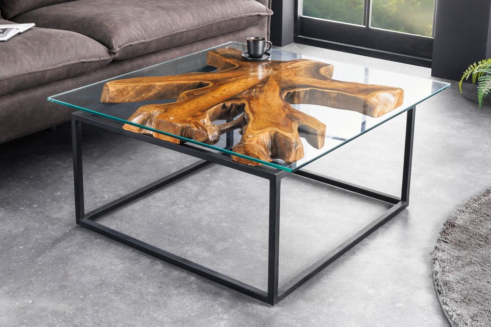 Industrial Couchtisch TEAK ROOT 70cm braun Teakholz Metall Glastisch handmade