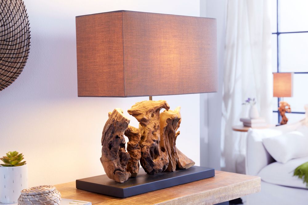 Handgefertigte Tischlampe ARAGON 50cm braun Treibholz-Fuß mit Leinenschirm