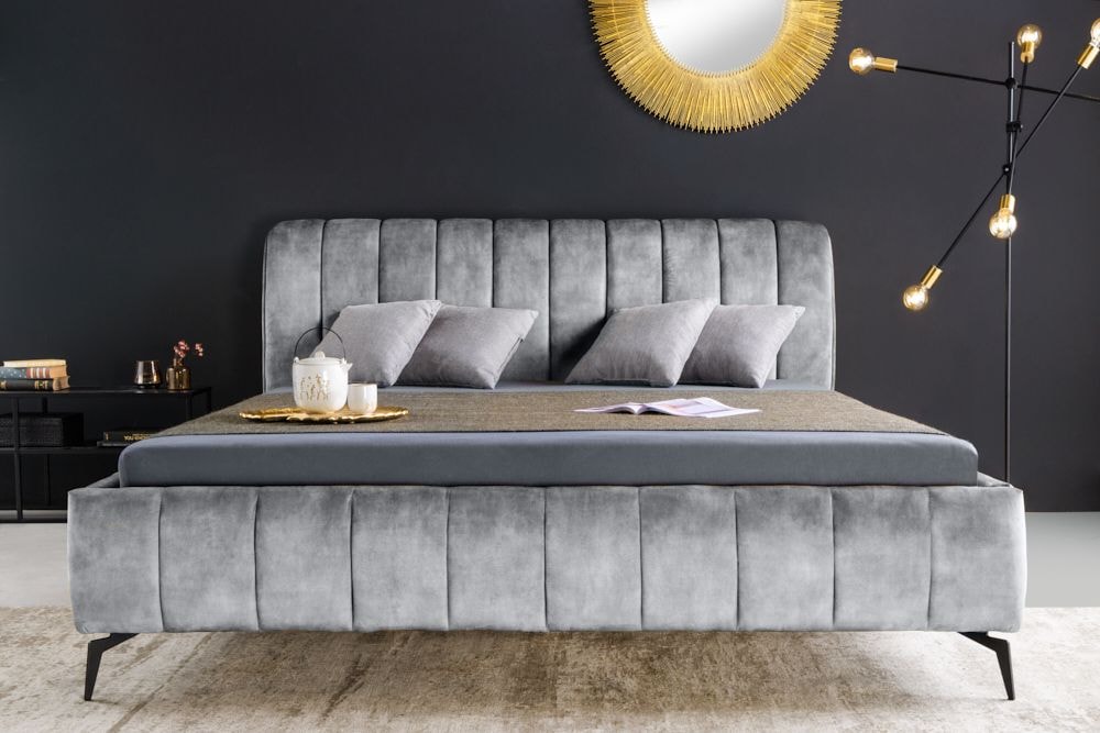 Retro Bett AMSTERDAM 160x200cm grau Samt schwarz Metall Polsterbett