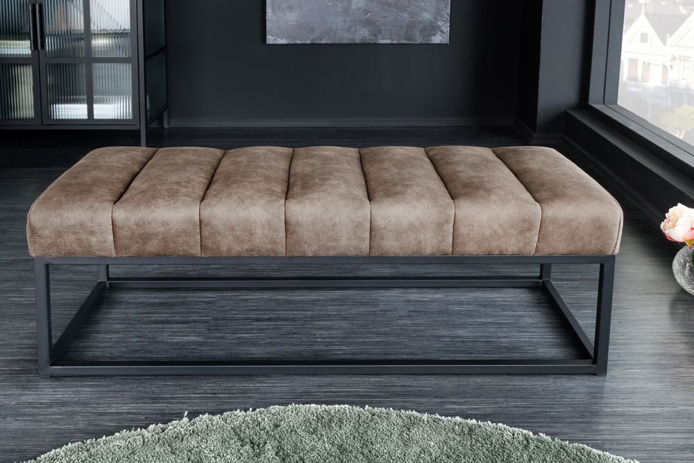 Design Sitzbank PETIT BEAUTÉ 110cm vintage taupe Microfaser schwarzes Metallgestell