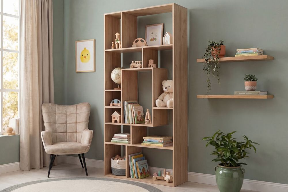 Massives Bücherregal CUBUS 180cm natur Mangoholz cream finish elf Fächer