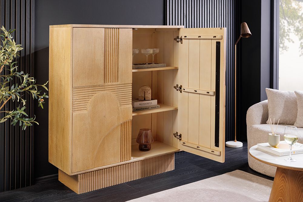Design Highboard ART DECO 120cm weiß gekälkt Mangoholz massiv 3D Front